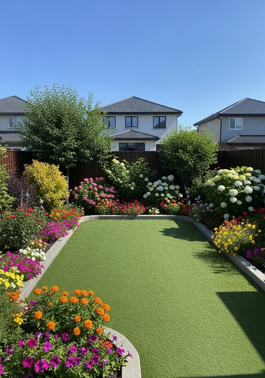 Turf Surrounded by Flowering Garden Beds
