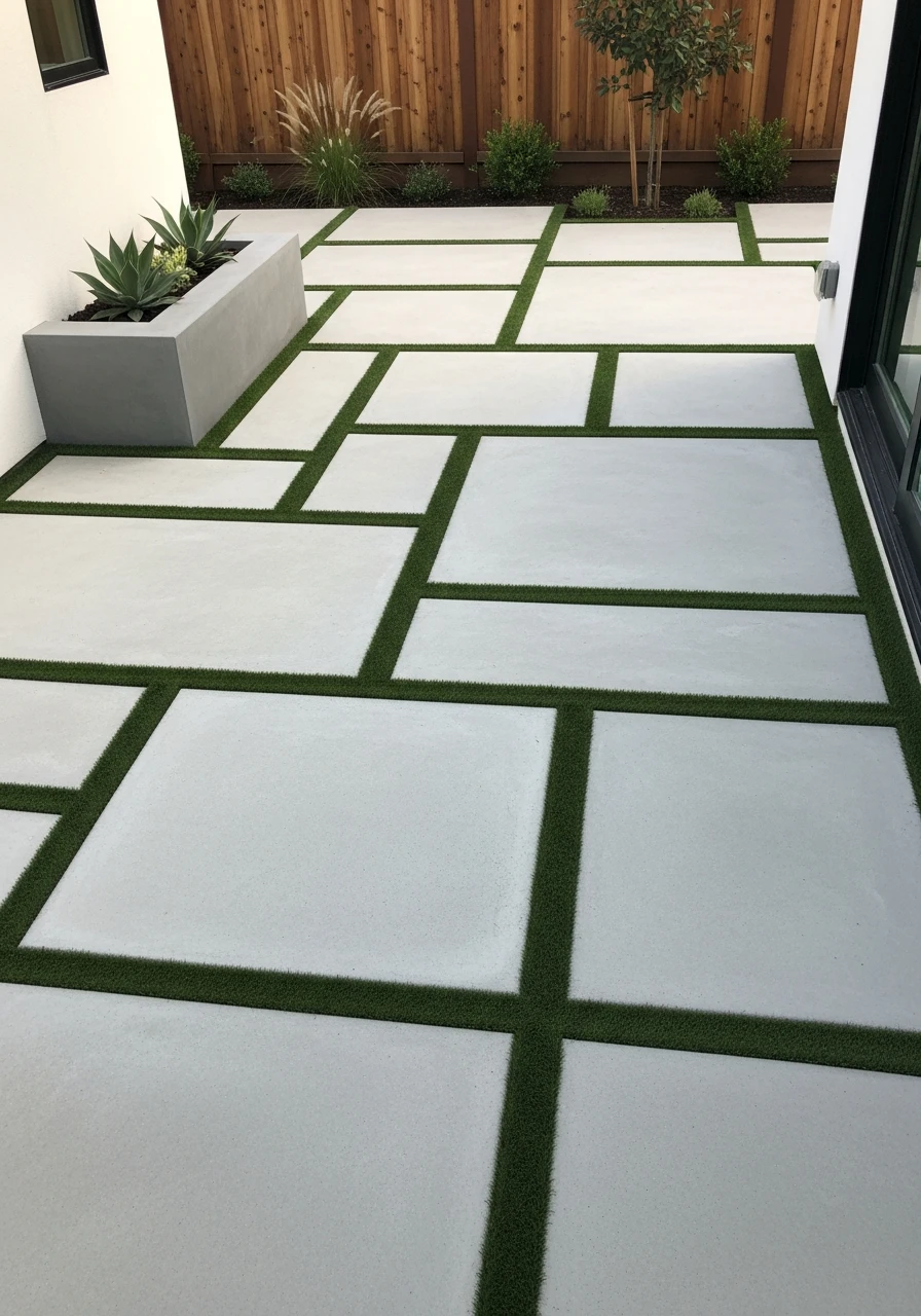 Minimalist Gray Patio With Turf Inserts