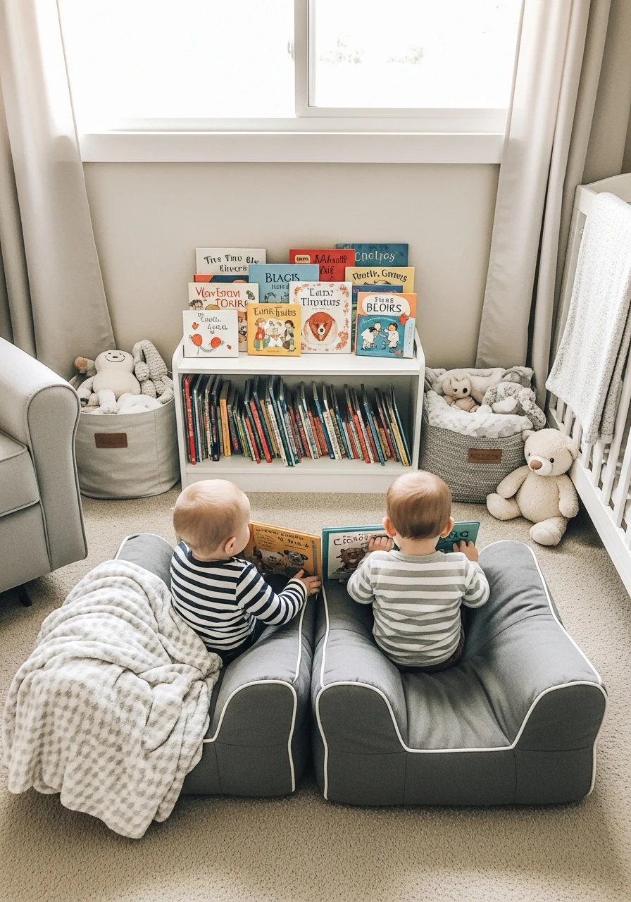 Dual Book Nook - 50 Brilliant Twin Nursery Ideas for a Beautiful & Functional Space