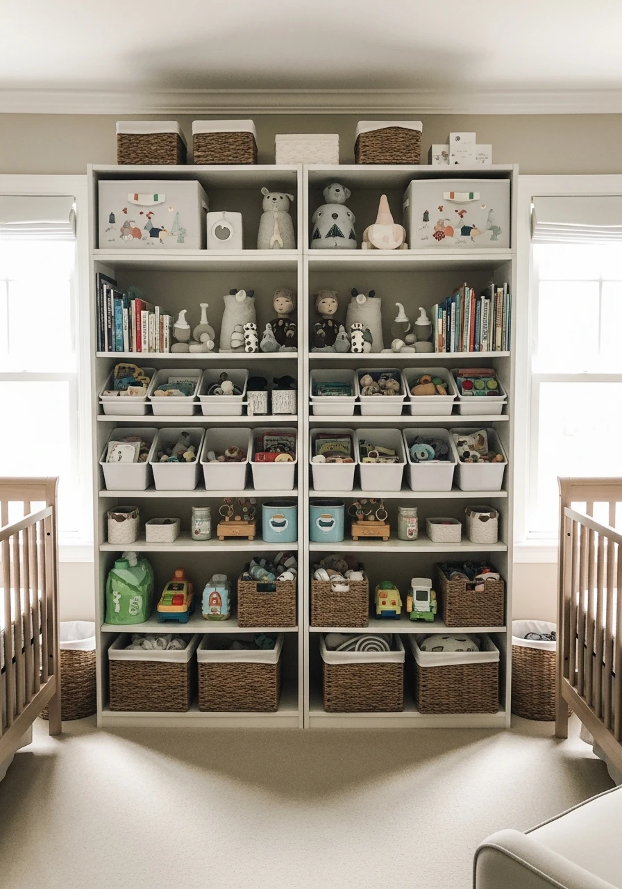 Shared Toy Storage - 50 Brilliant Twin Nursery Ideas for a Beautiful & Functional Space