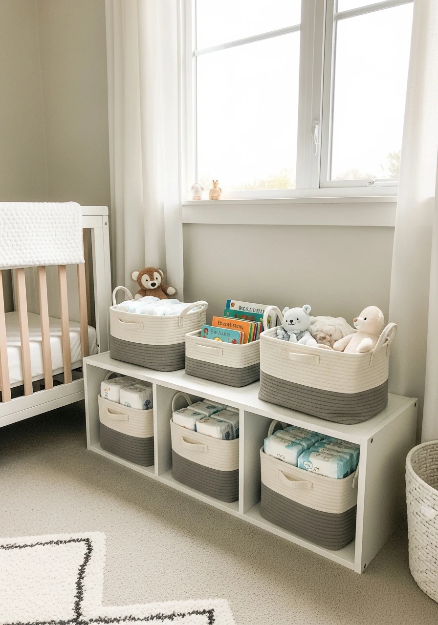 Shared Storage Baskets - 50 Brilliant Twin Nursery Ideas for a Beautiful & Functional Space