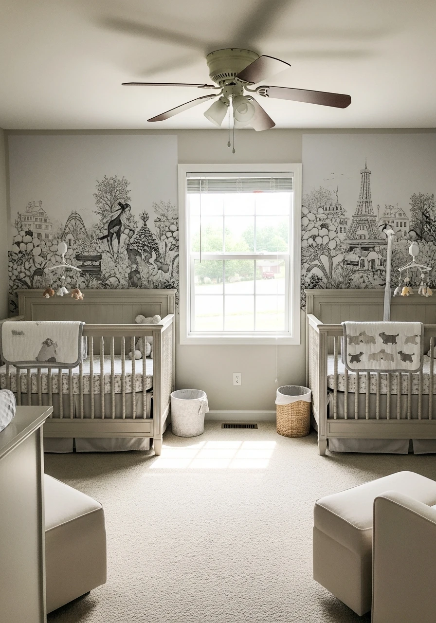 Coordinated Wall Murals - 50 Brilliant Twin Nursery Ideas for a Beautiful & Functional Space