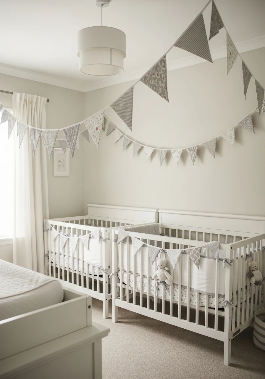 Coordinated Bunting - 50 Brilliant Twin Nursery Ideas for a Beautiful & Functional Space