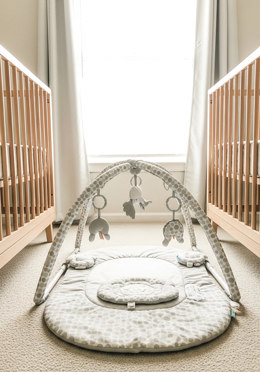 Play Gym Between Cribs - 50 Brilliant Twin Nursery Ideas for a Beautiful & Functional Space