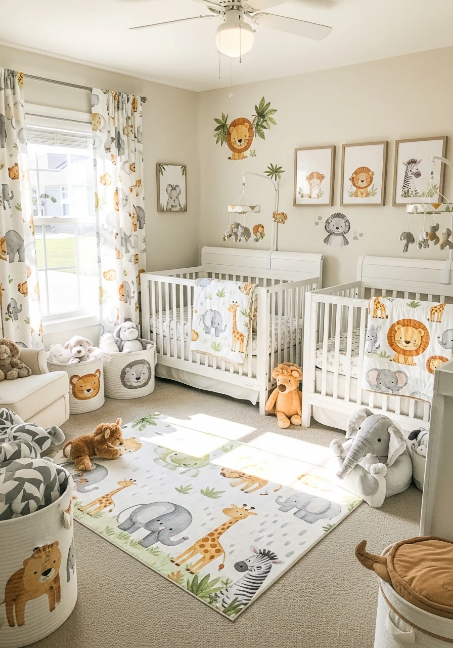 Animal Safari Theme - 50 Brilliant Twin Nursery Ideas for a Beautiful & Functional Space