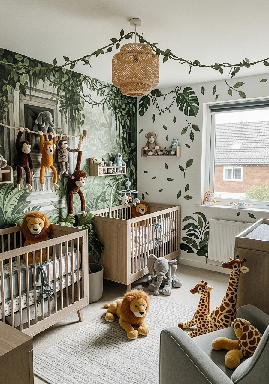 Jungle Adventure Nursery - 50 Brilliant Twin Nursery Ideas for a Beautiful & Functional Space
