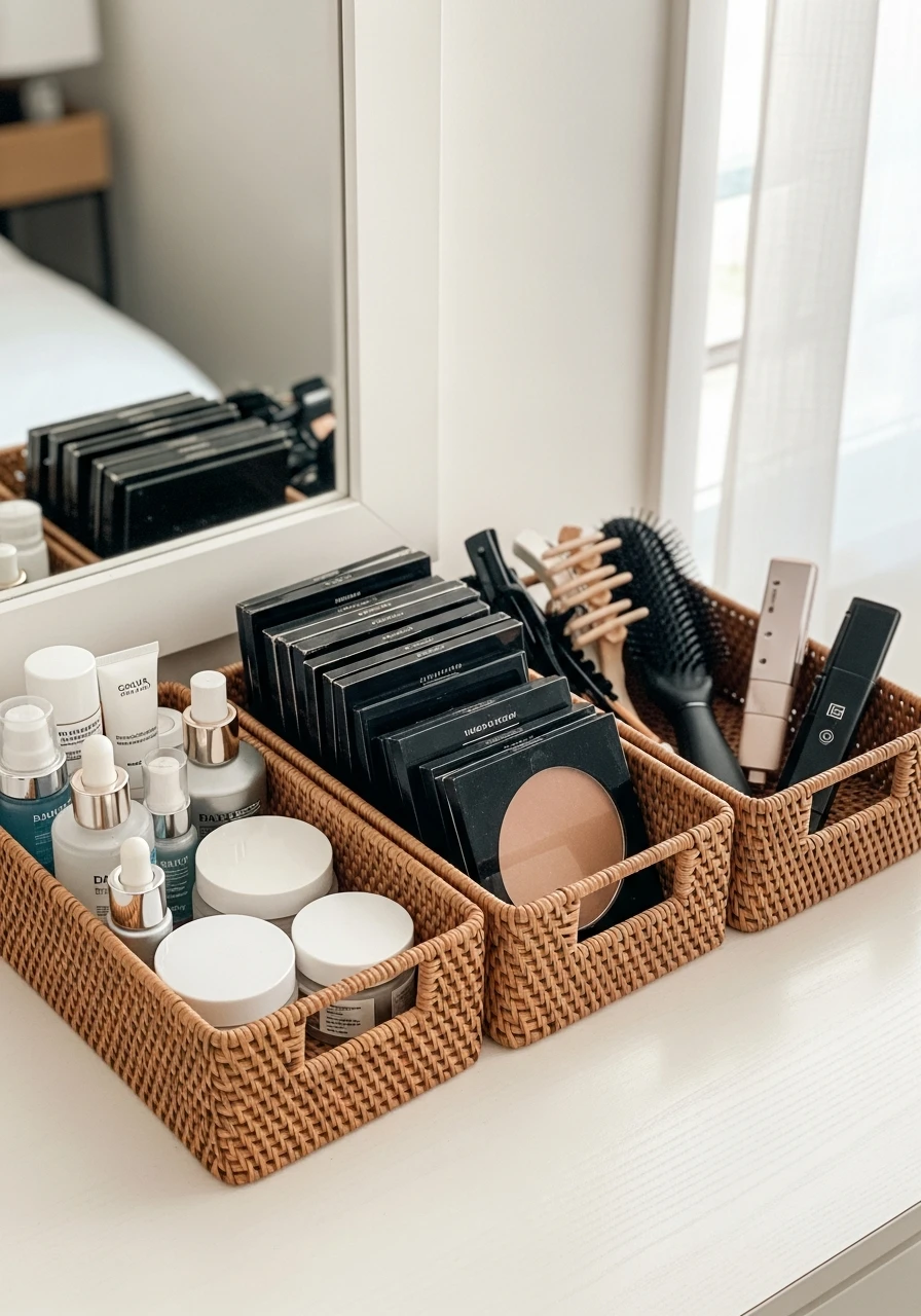 Group with Small Baskets - 50 Vanity Organization Ideas That Make Your Bathroom Look Designer