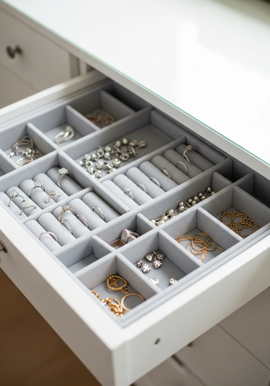 Separate Jewelry in Drawers - 50 Vanity Organization Ideas That Make Your Bathroom Look Designer