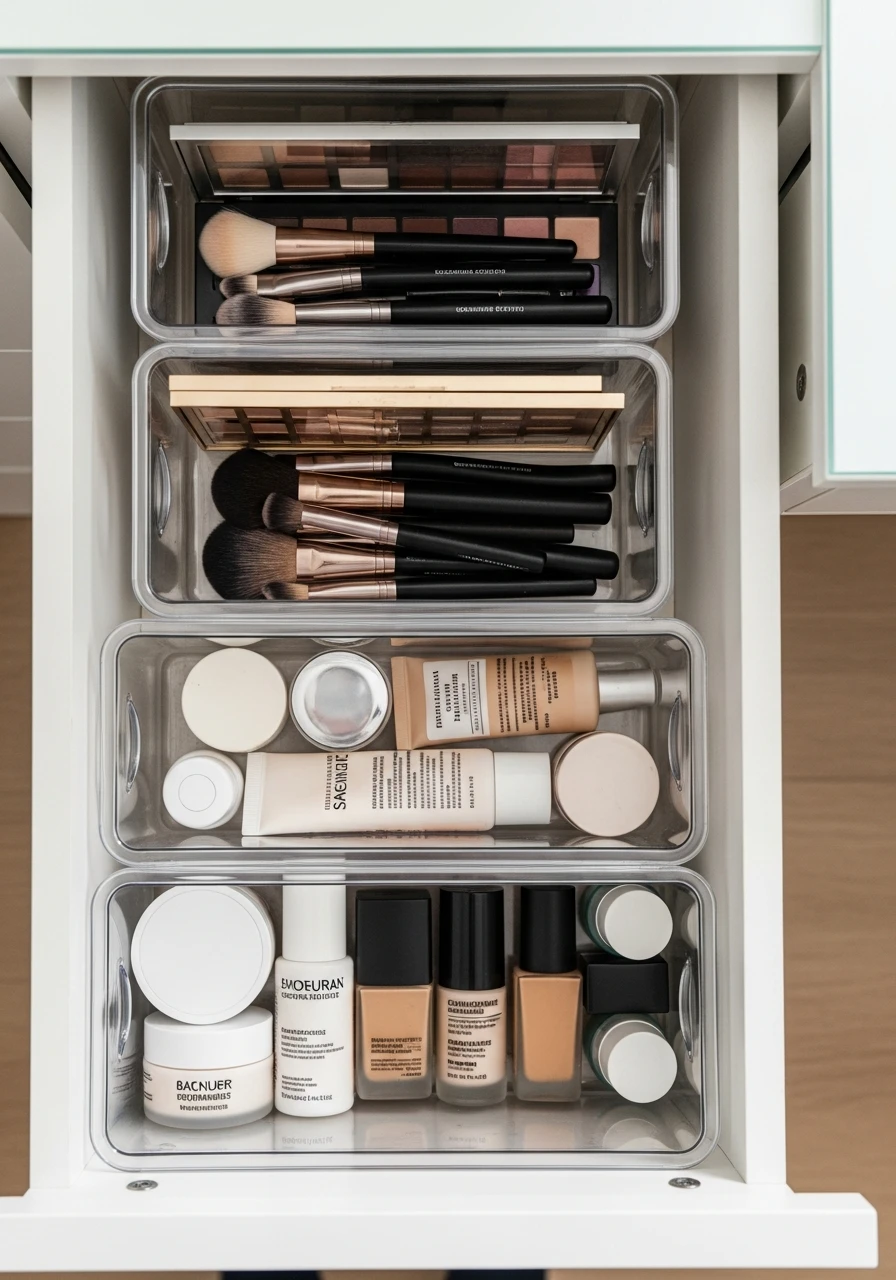 Stack Storage Bins - 50 Vanity Organization Ideas That Make Your Bathroom Look Designer