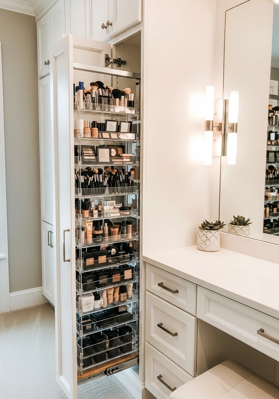 Use Pull-Out Vanity Towers - 50 Vanity Organization Ideas That Make Your Bathroom Look Designer