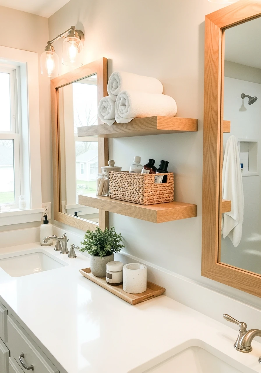 Add Floating Shelves - 50 Vanity Organization Ideas That Make Your Bathroom Look Designer