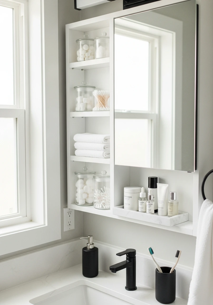 Mirrors with Built-In Shelves - 50 Vanity Organization Ideas That Make Your Bathroom Look Designer