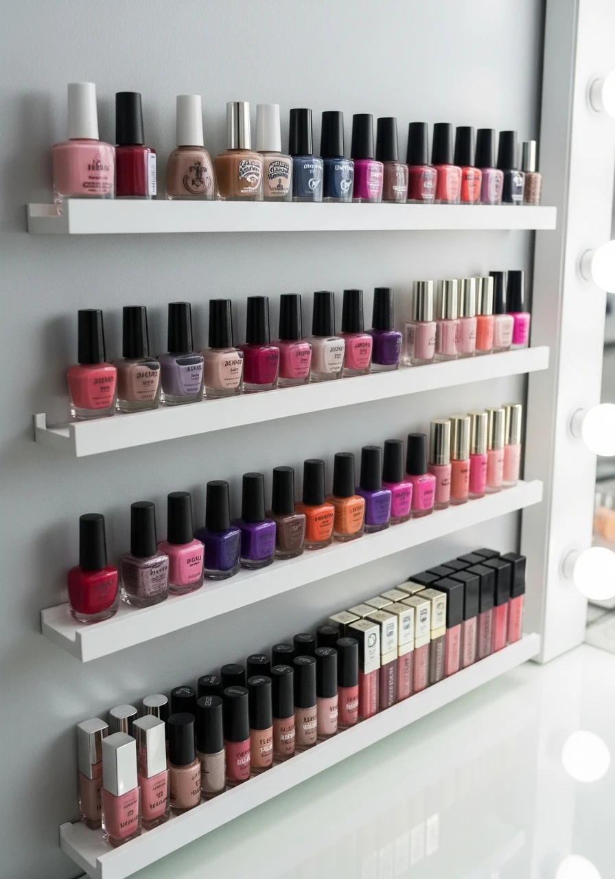 Install Narrow Display Ledges - 50 Vanity Organization Ideas That Make Your Bathroom Look Designer