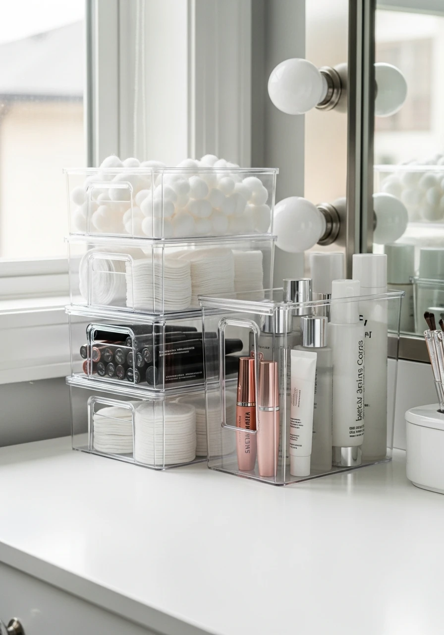 Store in Stacked Clear Boxes - 50 Vanity Organization Ideas That Make Your Bathroom Look Designer