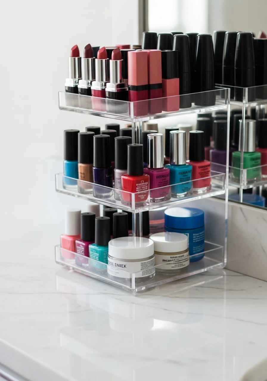 Display on Tiered Stands - 50 Vanity Organization Ideas That Make Your Bathroom Look Designer