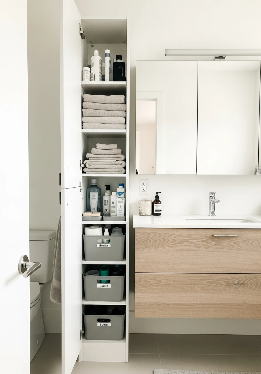 Add a Tall Storage Cabinet - 50 Vanity Organization Ideas That Make Your Bathroom Look Designer