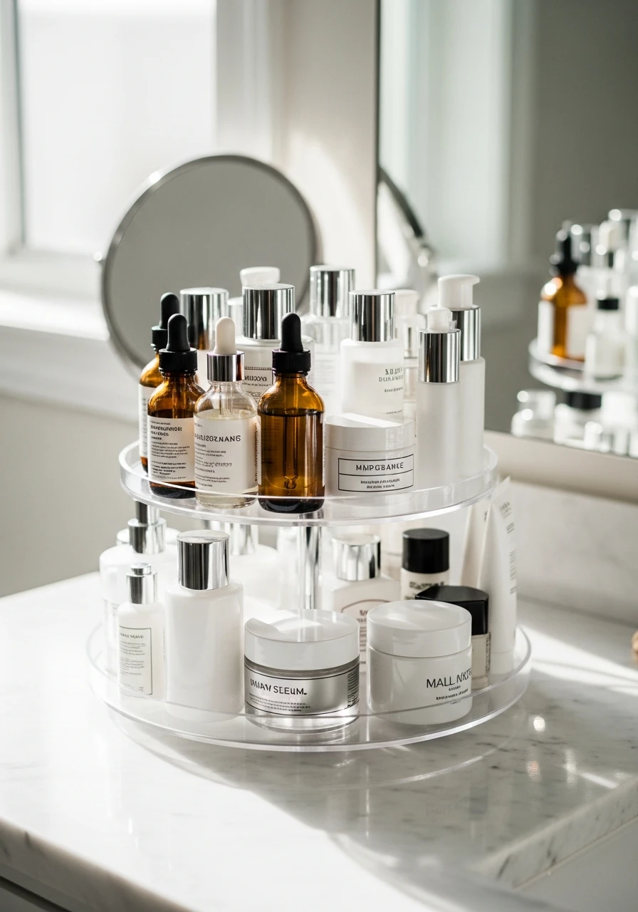 Place a Countertop Lazy Susan - 50 Vanity Organization Ideas That Make Your Bathroom Look Designer