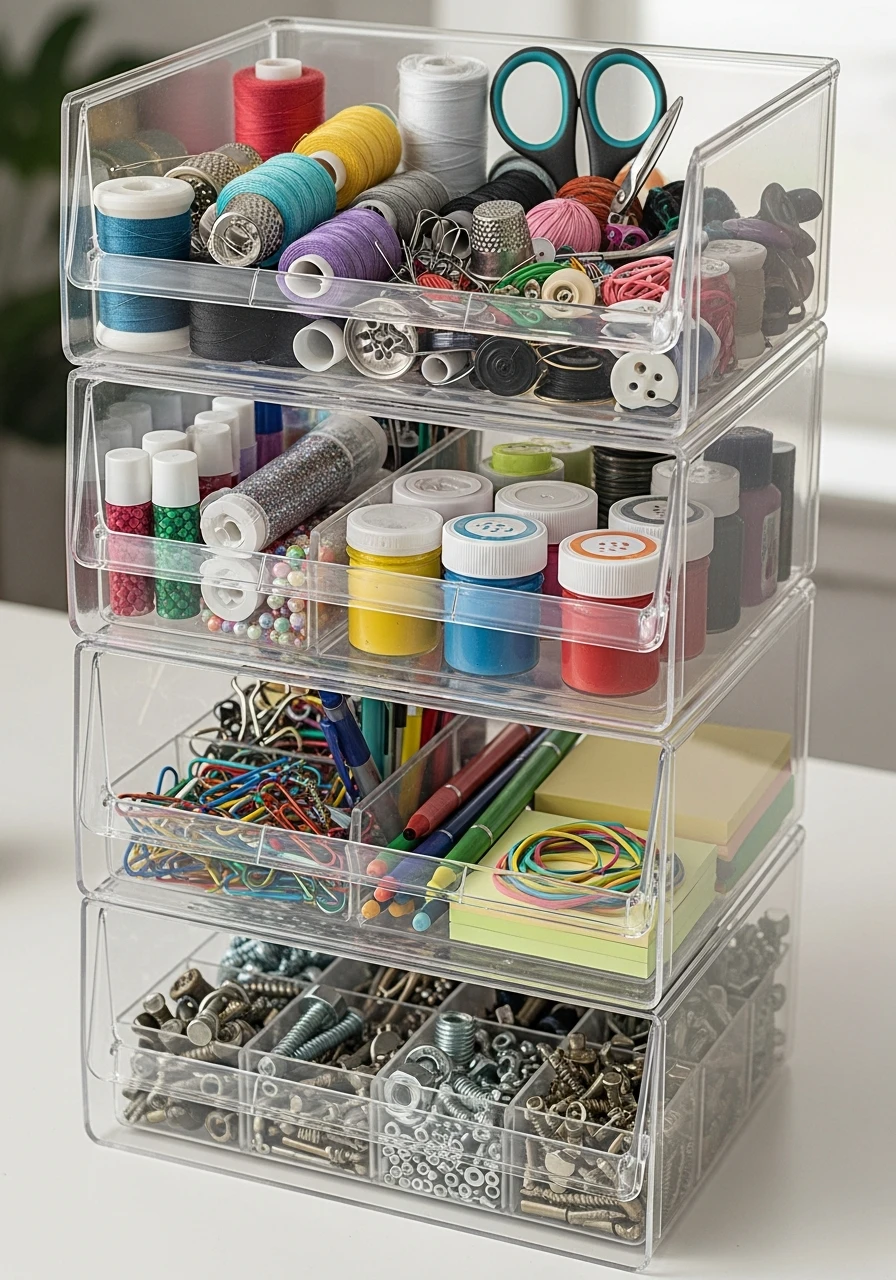 Use Stackable Clear Bins - 50 Vanity Organization Ideas That Make Your Bathroom Look Designer