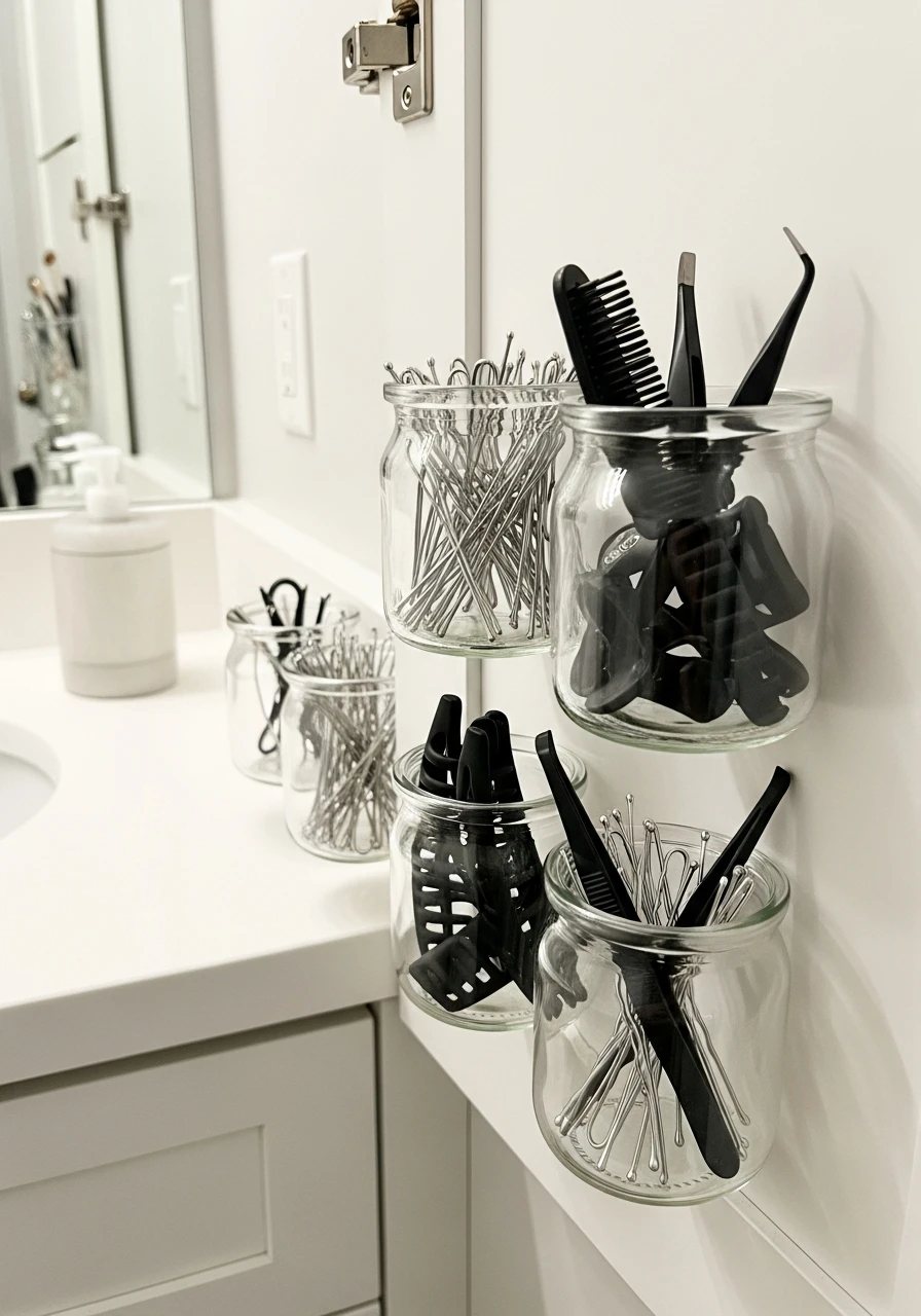 Magnetic Jars for Hair Accessories - 50 Vanity Organization Ideas That Make Your Bathroom Look Designer