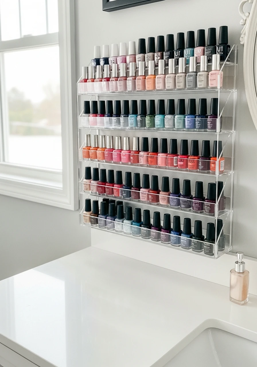 Mount a Nail Polish Rack - 50 Vanity Organization Ideas That Make Your Bathroom Look Designer