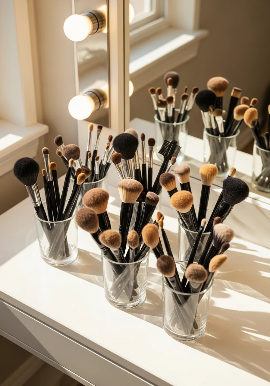 Store Brushes in Clear Cups - 50 Vanity Organization Ideas That Make Your Bathroom Look Designer