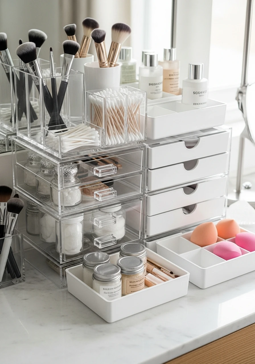 Coordinate Storage Colors - 50 Vanity Organization Ideas That Make Your Bathroom Look Designer