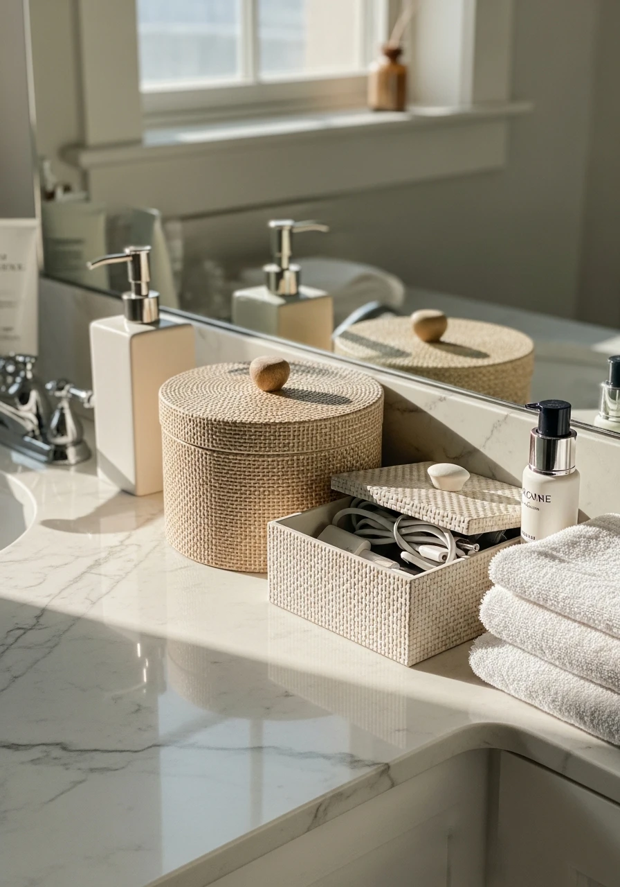 Choose Decorative Boxes - 50 Vanity Organization Ideas That Make Your Bathroom Look Designer