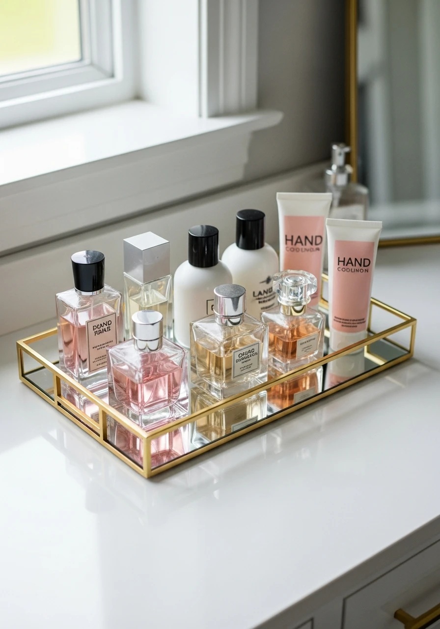 Group Items with Decorative Trays - 50 Vanity Organization Ideas That Make Your Bathroom Look Designer