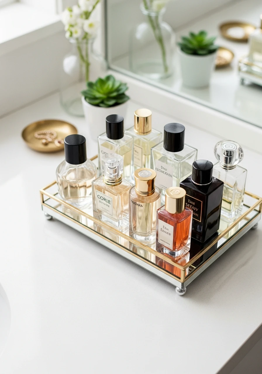 Create a Perfume Display - 50 Vanity Organization Ideas That Make Your Bathroom Look Designer
