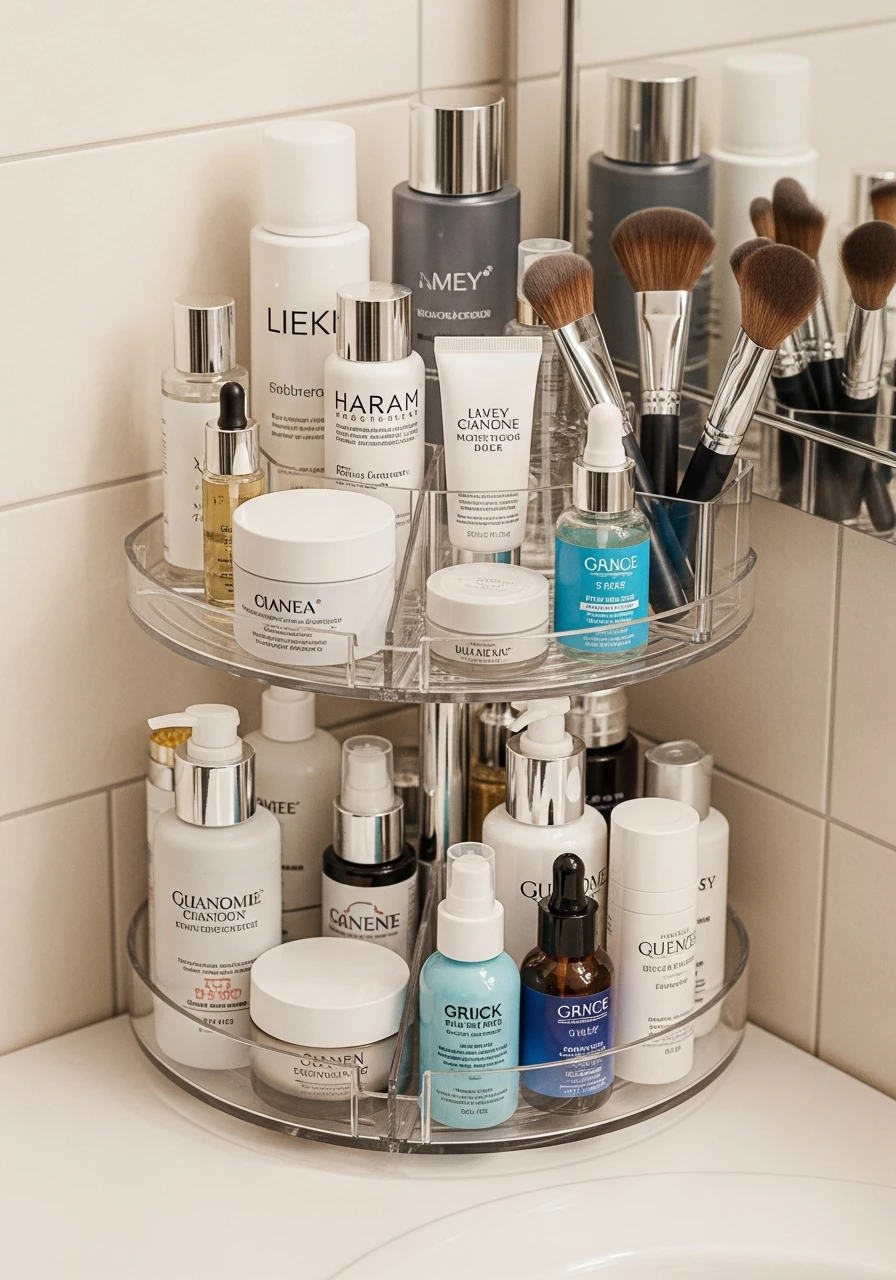 Use a Rotating Organizer - 50 Vanity Organization Ideas That Make Your Bathroom Look Designer