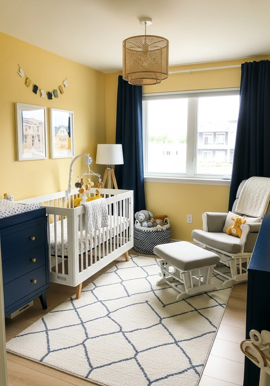 Yellow And Navy Contrast Nursery Design
