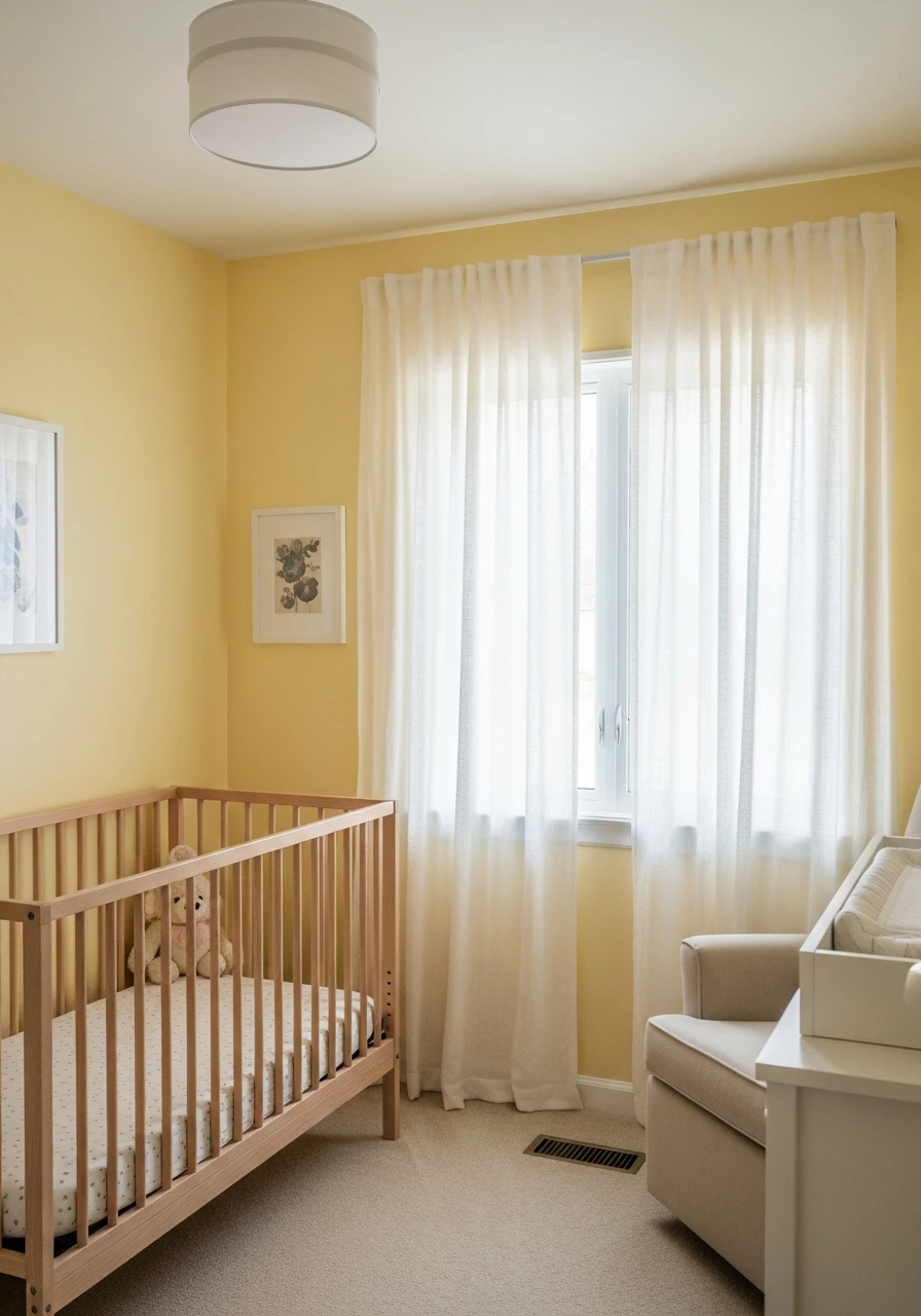Pale Yellow Nursery With Sheer Curtains