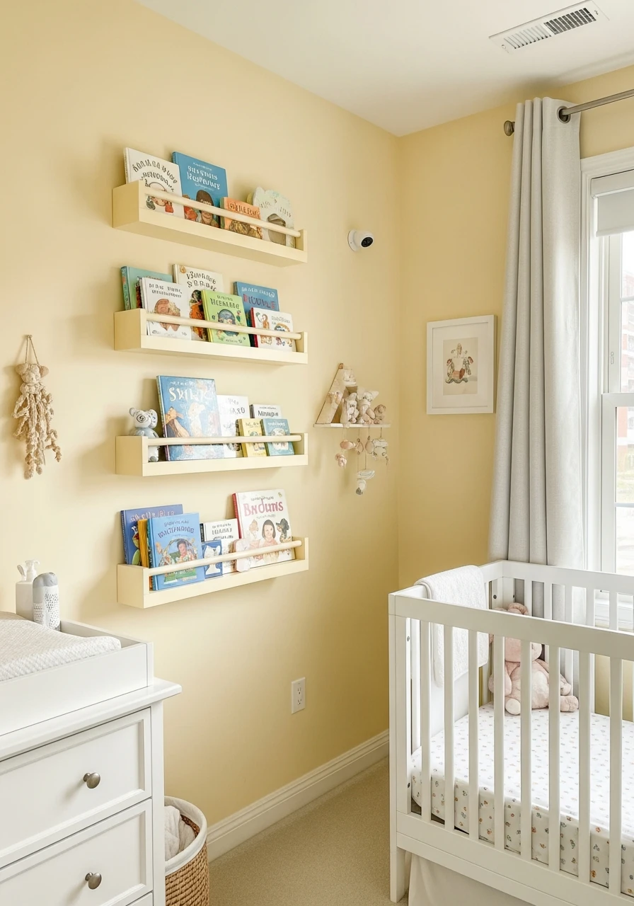 Yellow Nursery With Floating Book Shelves