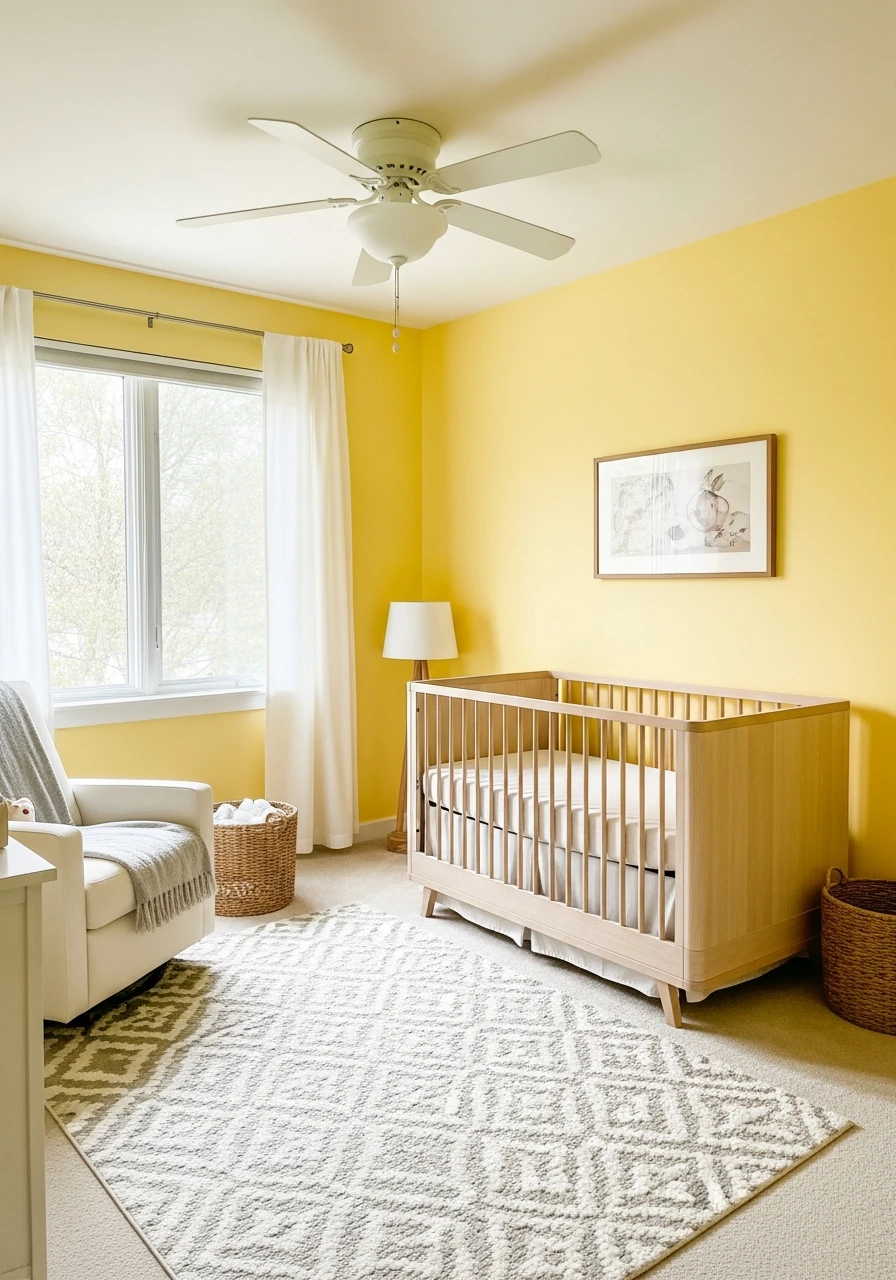 Neutral Wood Crib In Yellow Nursery