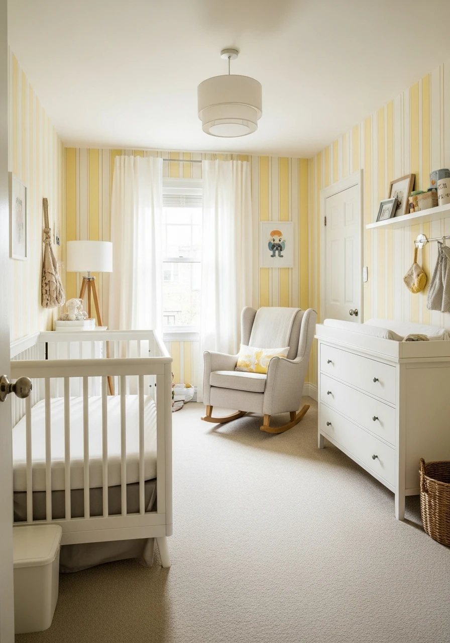 Yellow Nursery With Subtle Stripe Wall Design