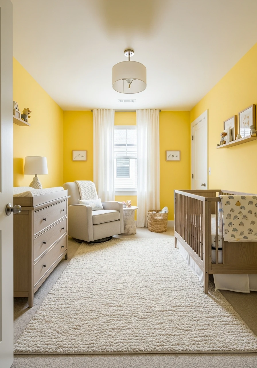 Yellow Nursery With Plush Cream Rug
