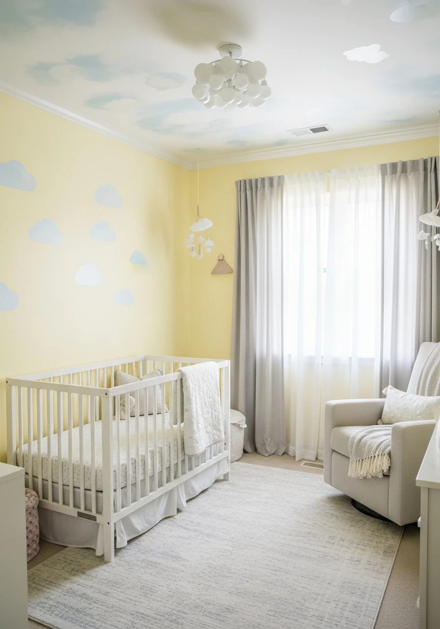 Pastel Yellow Nursery With Cloud Decor