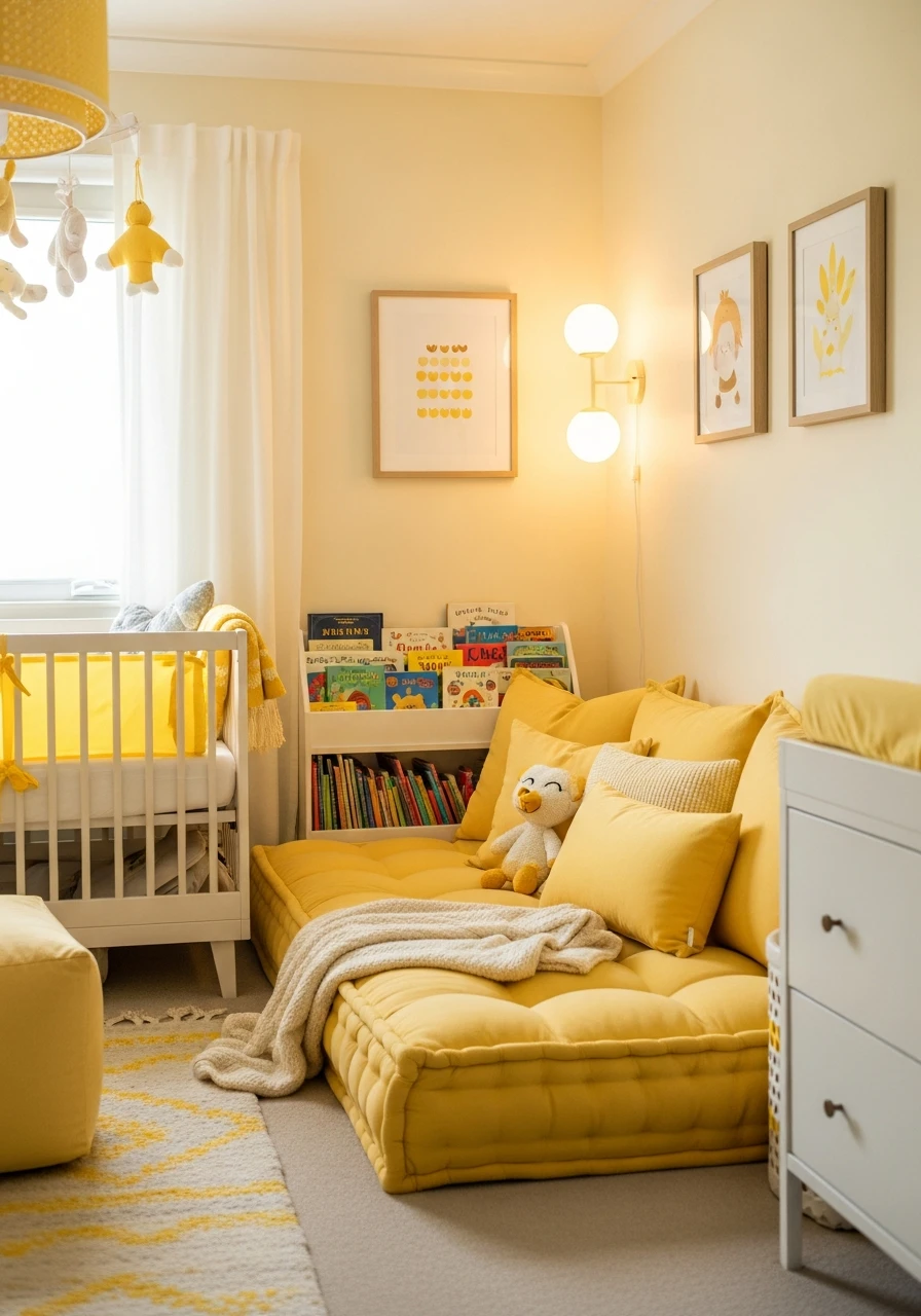 Yellow Nursery Reading Nook Setup