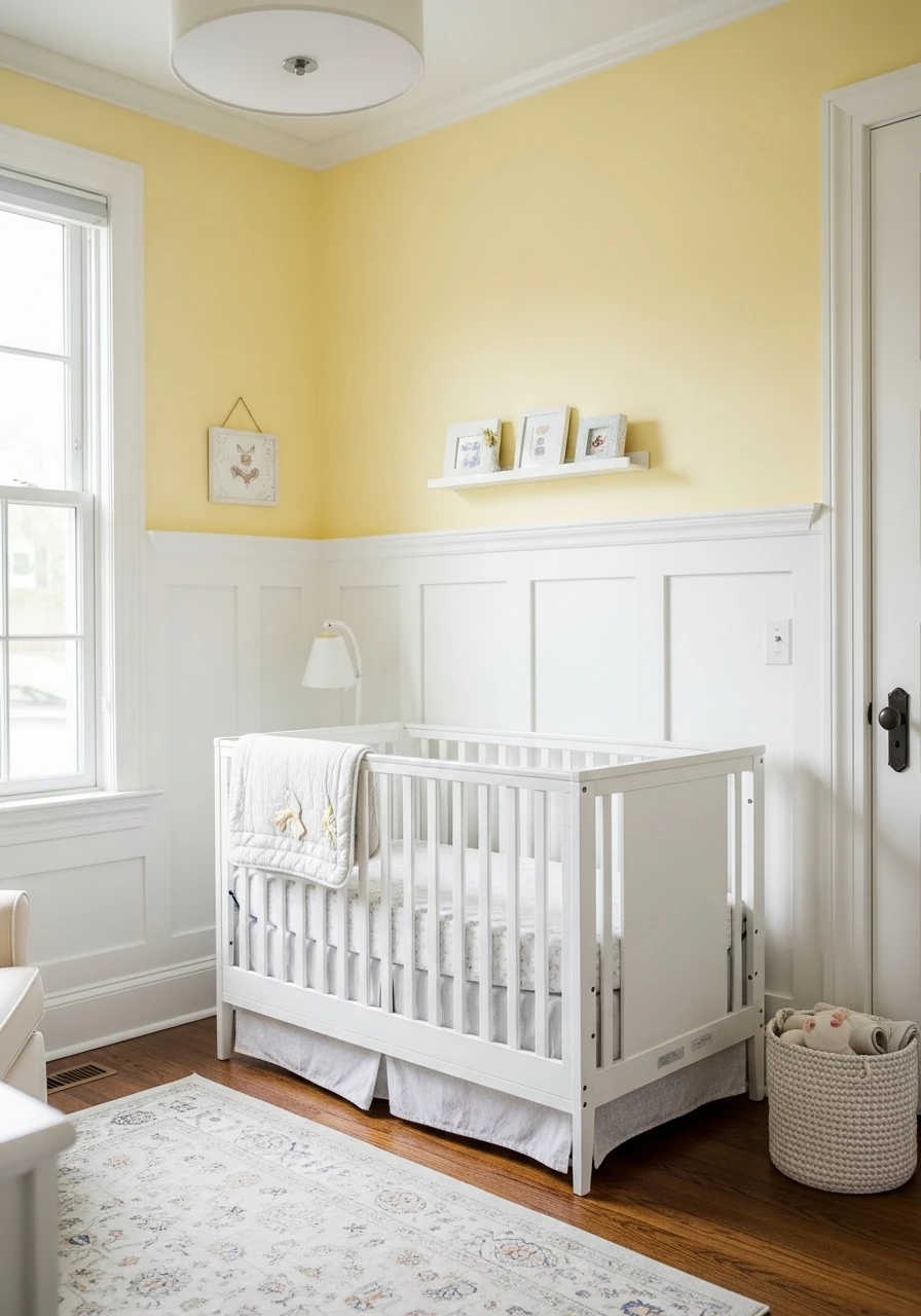 Soft Yellow Nursery With White Wainscoting