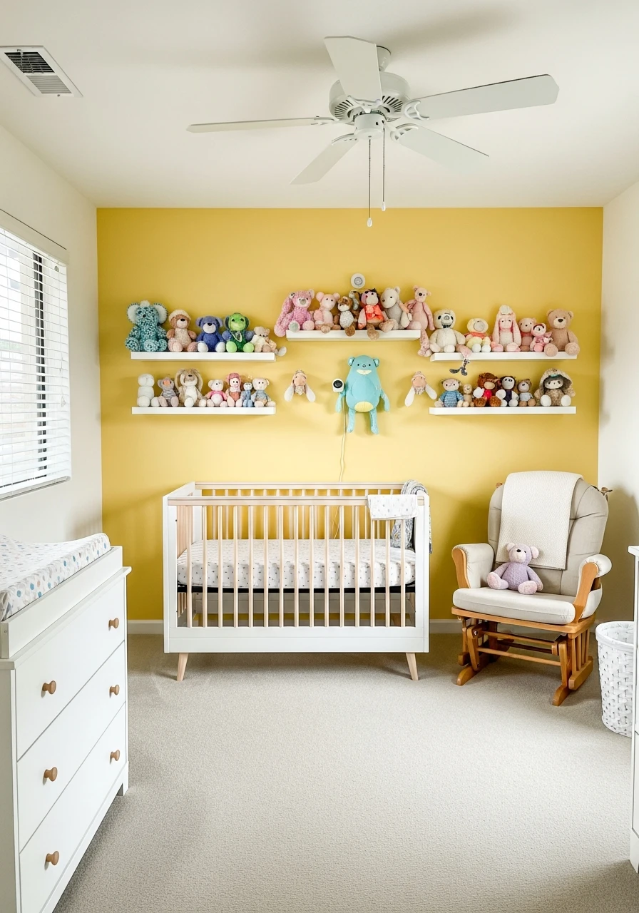 Yellow Nursery With Plush Toy Display Wall