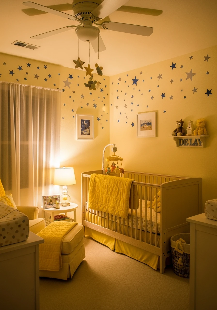 Yellow Nursery With Starry Sky Theme