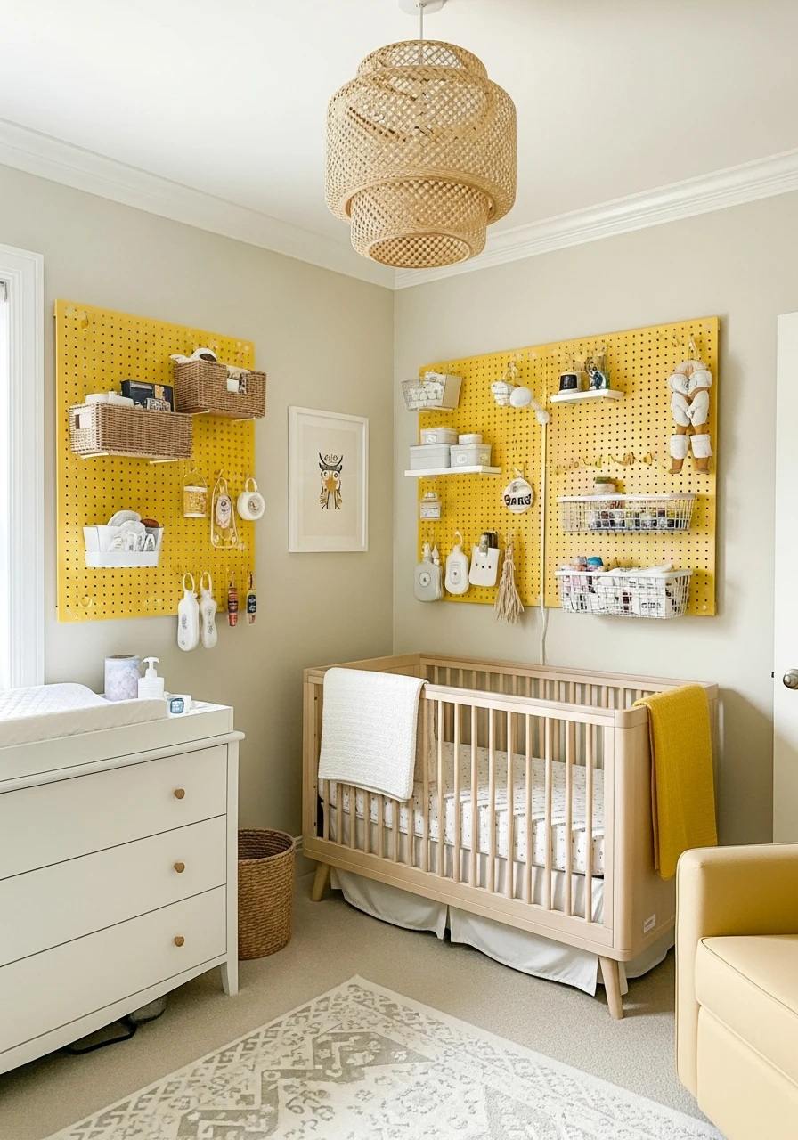 Yellow Nursery With Wall Peg Rail Storage