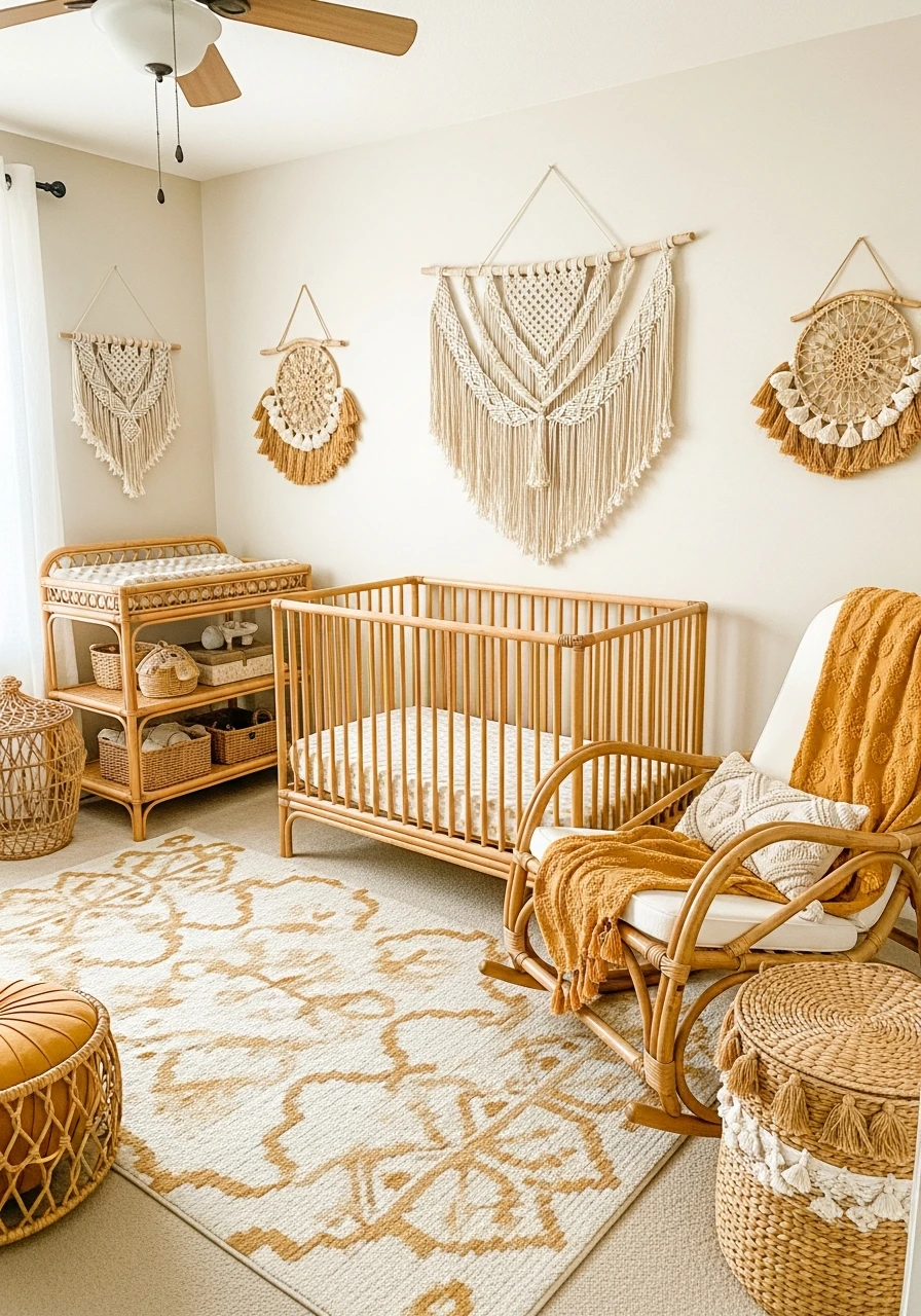 Yellow Boho Nursery With Rattan Decor
