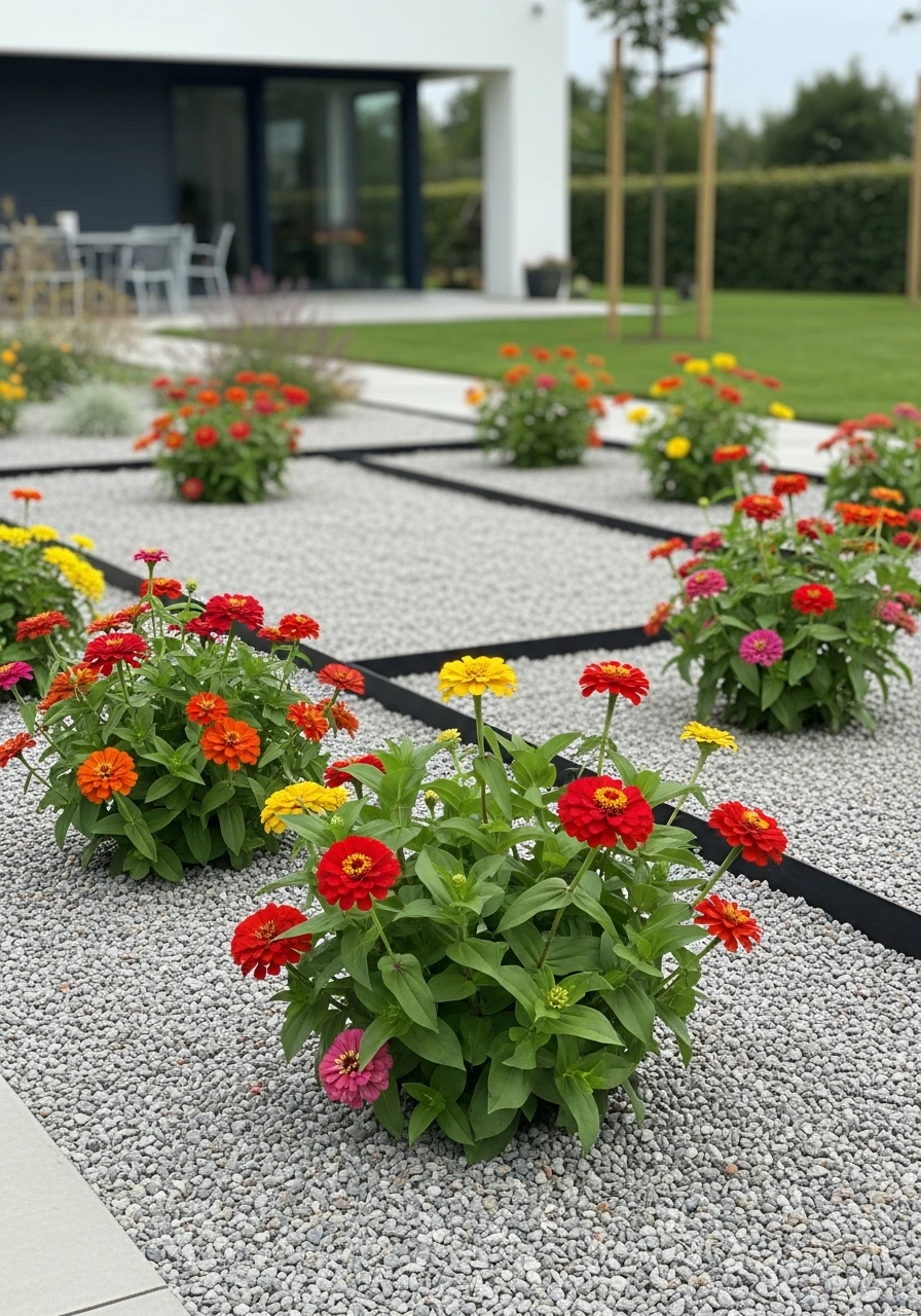 Minimalist Zinnia Gravel Garden - 40 Charming Zinnias Garden Ideas for a Beautiful Yard