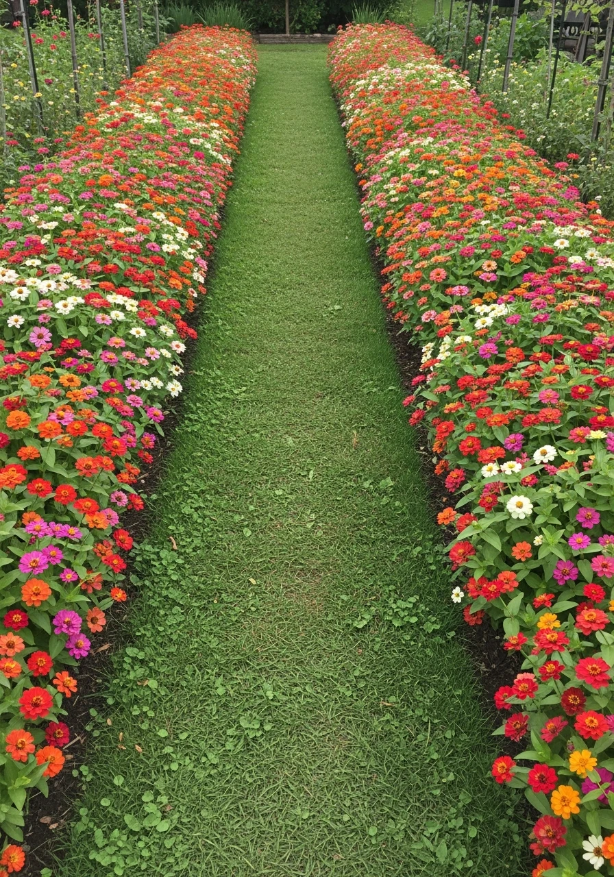 Pathway Lined Dwarf Zinnias - 40 Charming Zinnias Garden Ideas for a Beautiful Yard