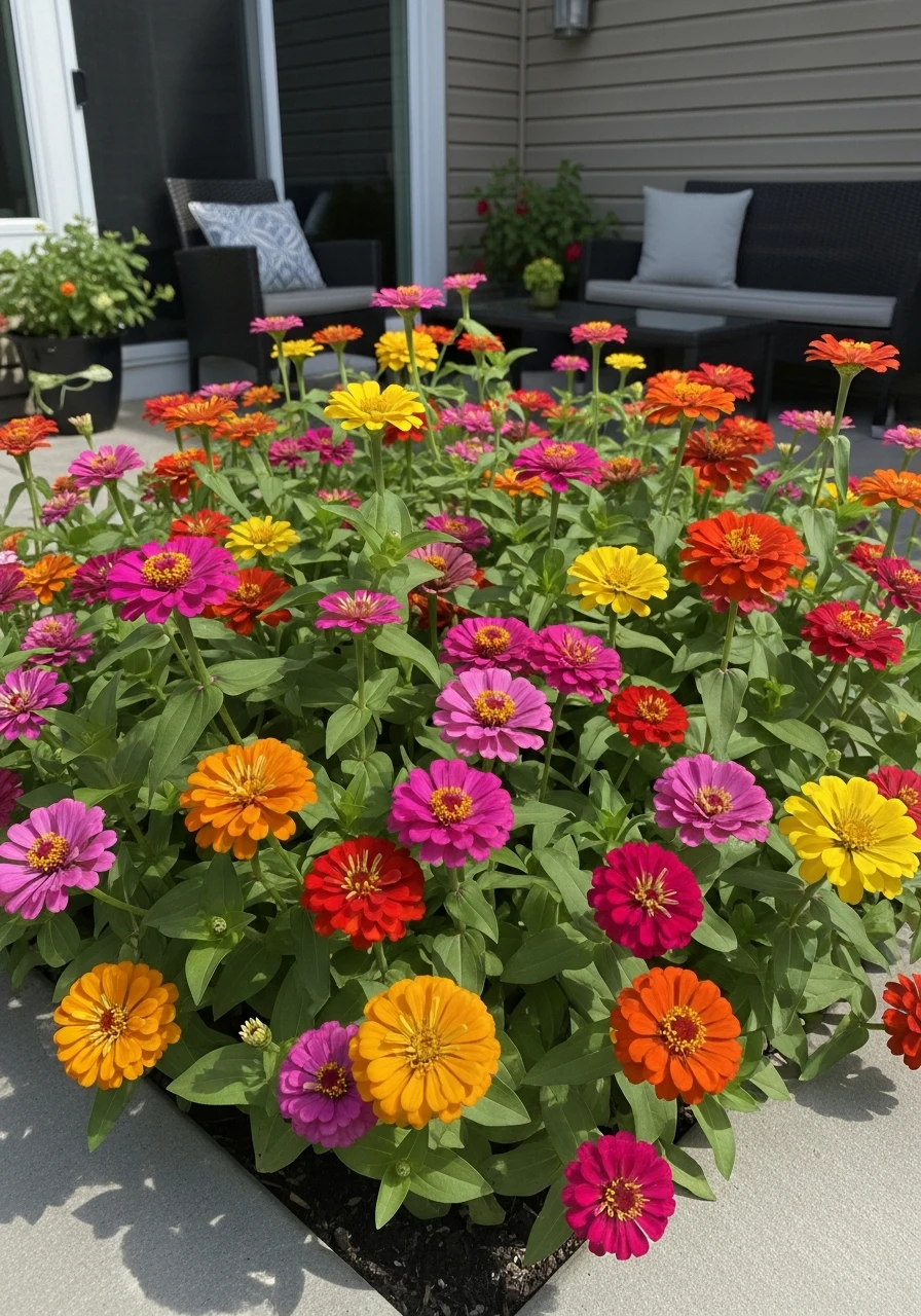 Zinnia Patio Corner Bed - 40 Charming Zinnias Garden Ideas for a Beautiful Yard