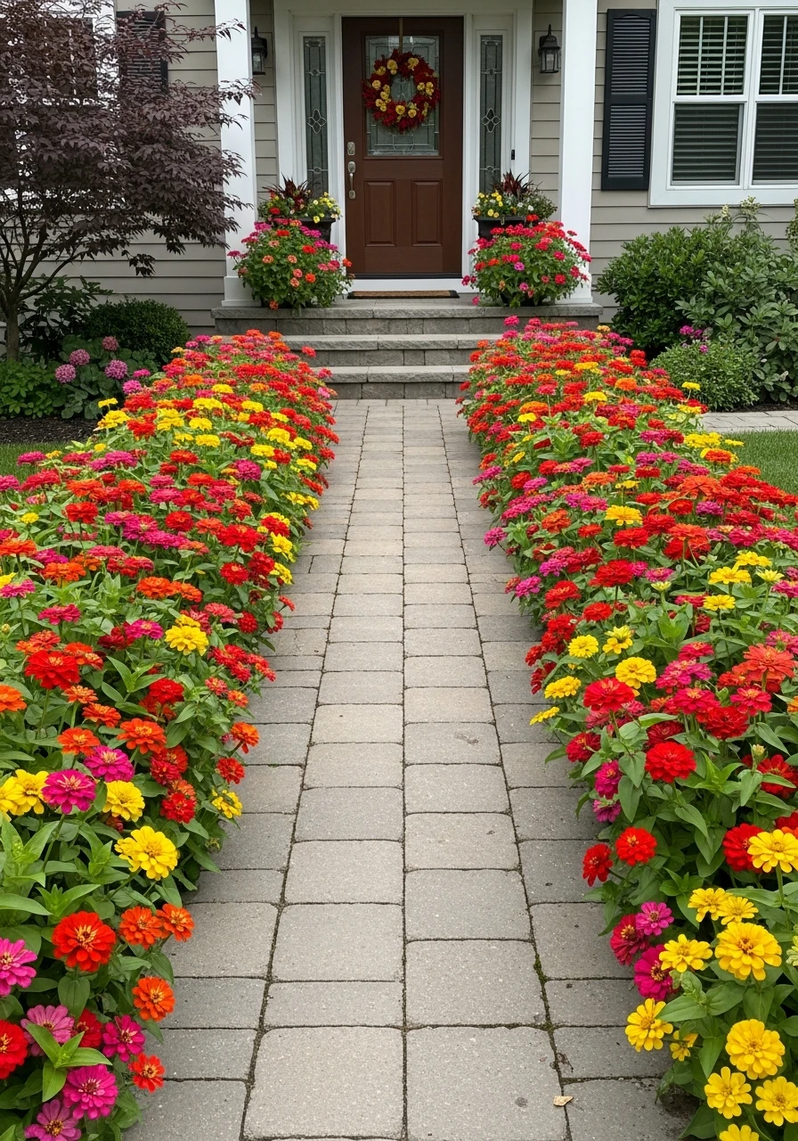 Front Walkway Entry Garden - 40 Charming Zinnias Garden Ideas for a Beautiful Yard