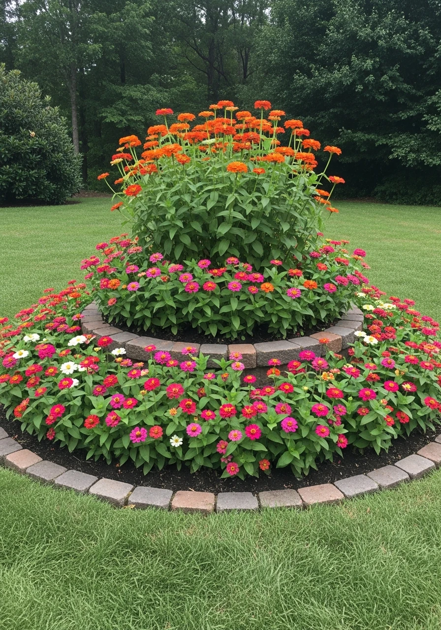 Circular Island Bed - 40 Charming Zinnias Garden Ideas for a Beautiful Yard
