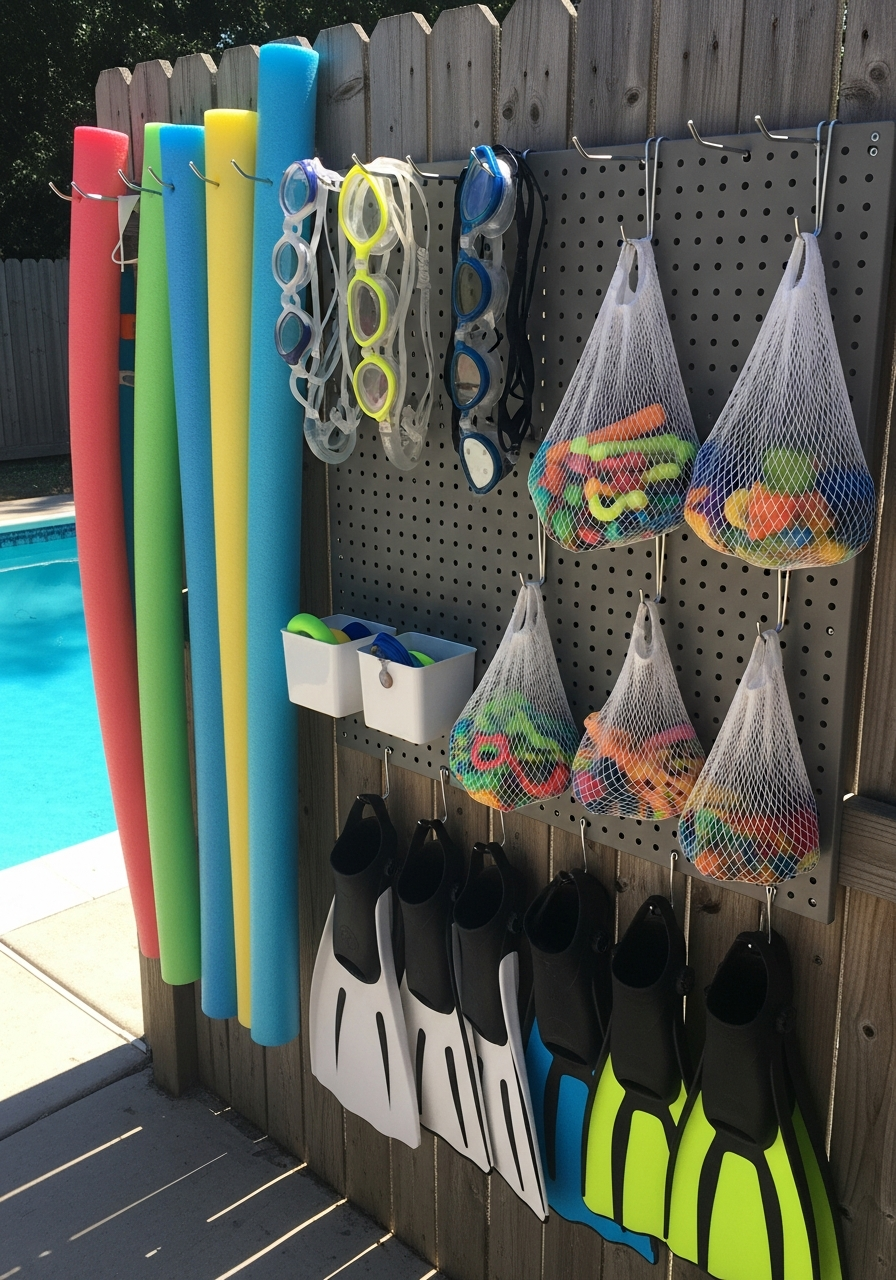 7. Poolside Pegboard Storage Wall