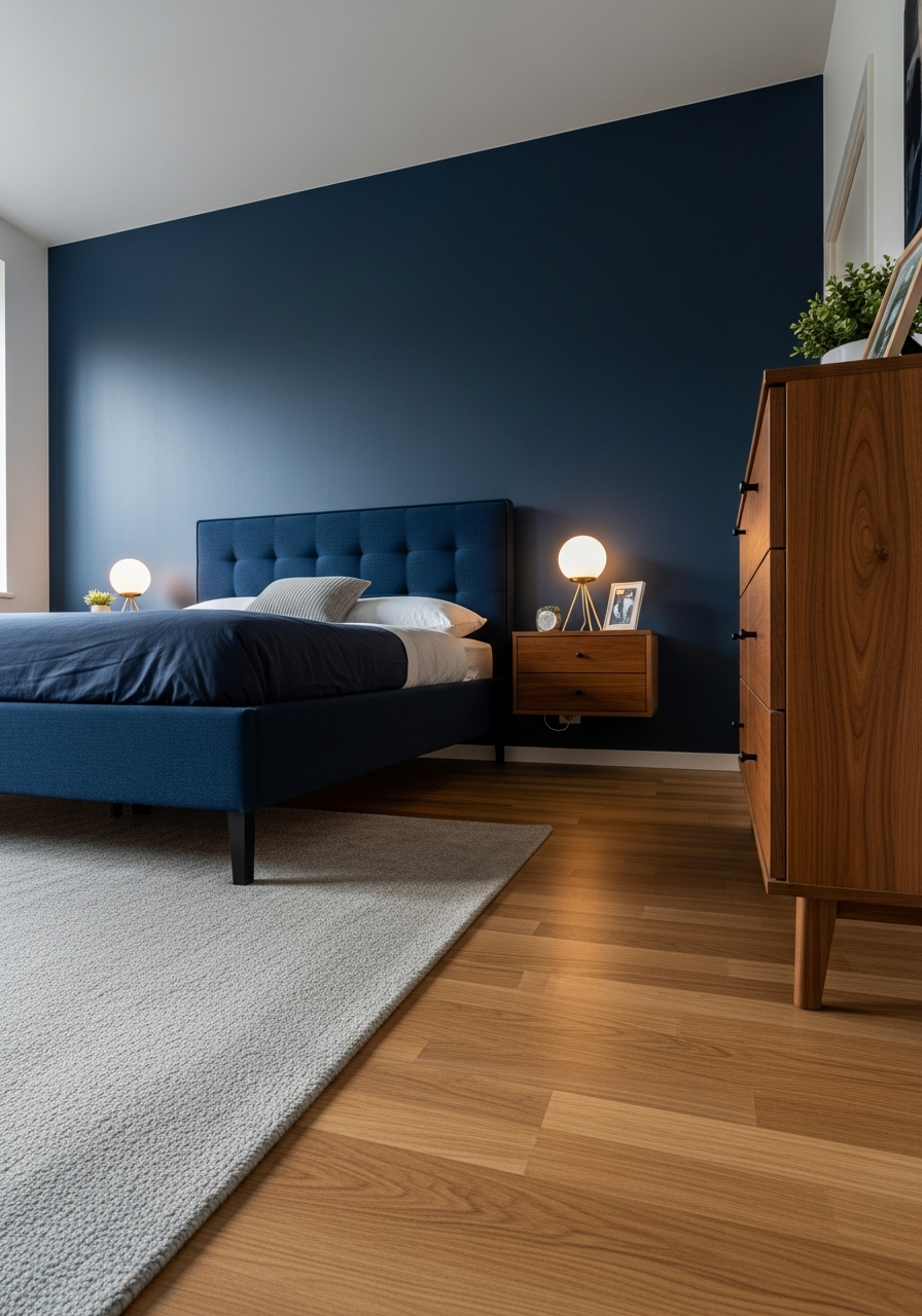 16. Navy Blue and Warm Wood